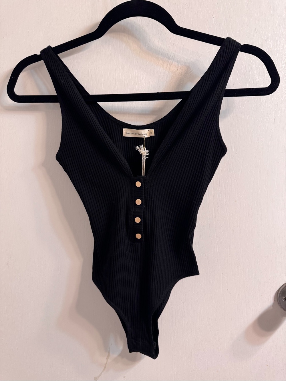 Ribbed Black Button-Front Bodysuit